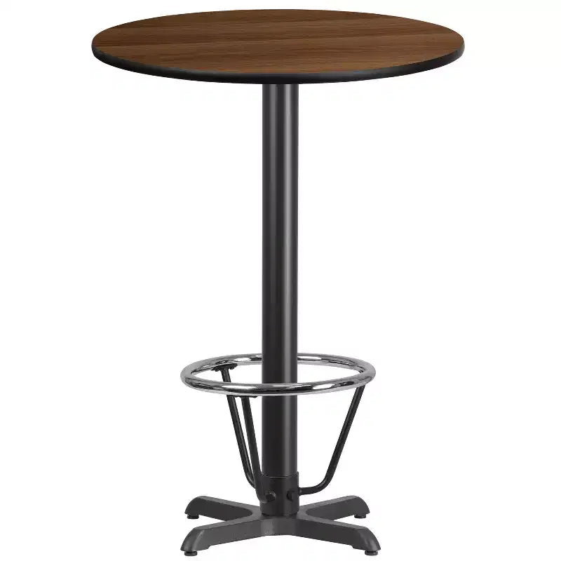 Piano del tavolo rotondo in laminato da 30" con base ad altezza bar da 22"x22" e poggiapiedi