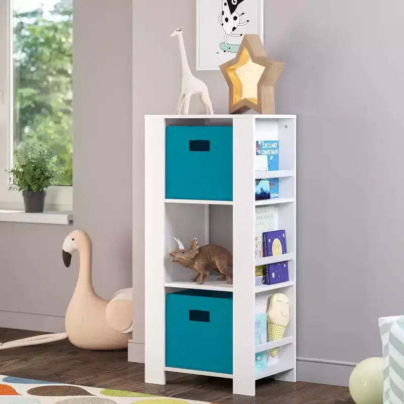 Torre Organizer per Libri e Giocattoli per Bambini – 3 Scomparti, 6 Scaffali per Libri, Bianca con 2 Contenitori in Tessuto