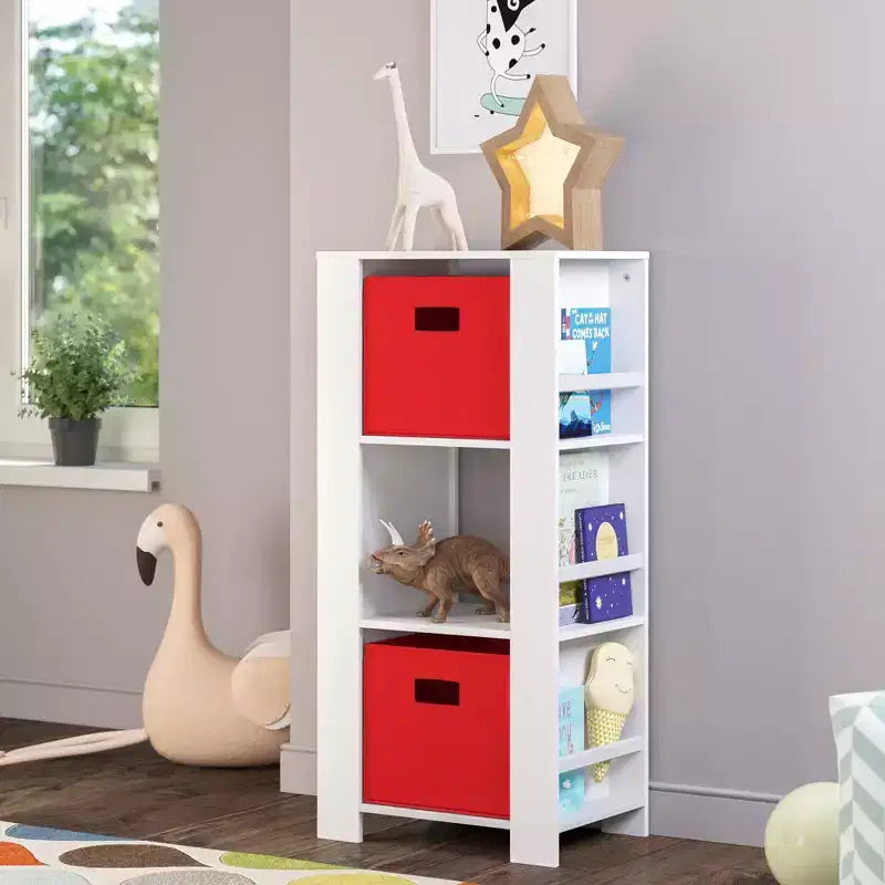 Torre Organizer per Libri e Giocattoli per Bambini – 3 Scomparti, 6 Scaffali per Libri, Bianca con 2 Contenitori in Tessuto