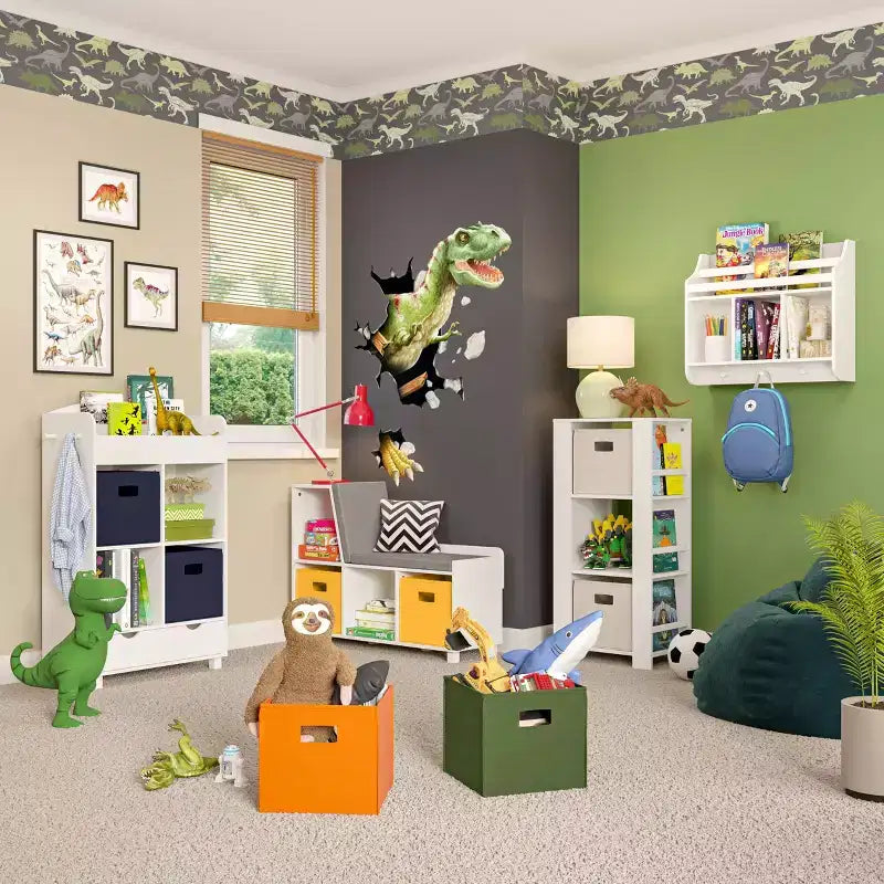 Torre Organizer per Libri e Giocattoli per Bambini – 3 Scomparti, 6 Scaffali per Libri, Bianca con 2 Contenitori in Tessuto