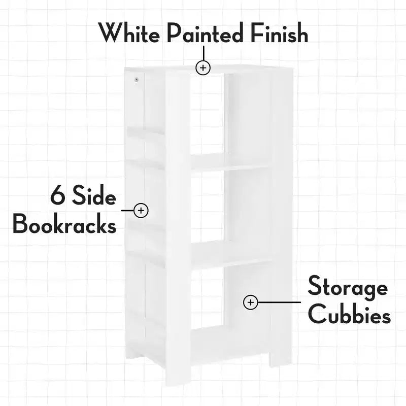 Torre Organizer per Libri e Giocattoli per Bambini – 3 Scomparti, 6 Scaffali per Libri, Bianca con 2 Contenitori in Tessuto