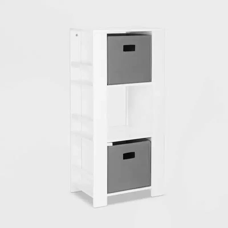 Torre Organizer per Libri e Giocattoli per Bambini – 3 Scomparti, 6 Scaffali per Libri, Bianca con 2 Contenitori in Tessuto