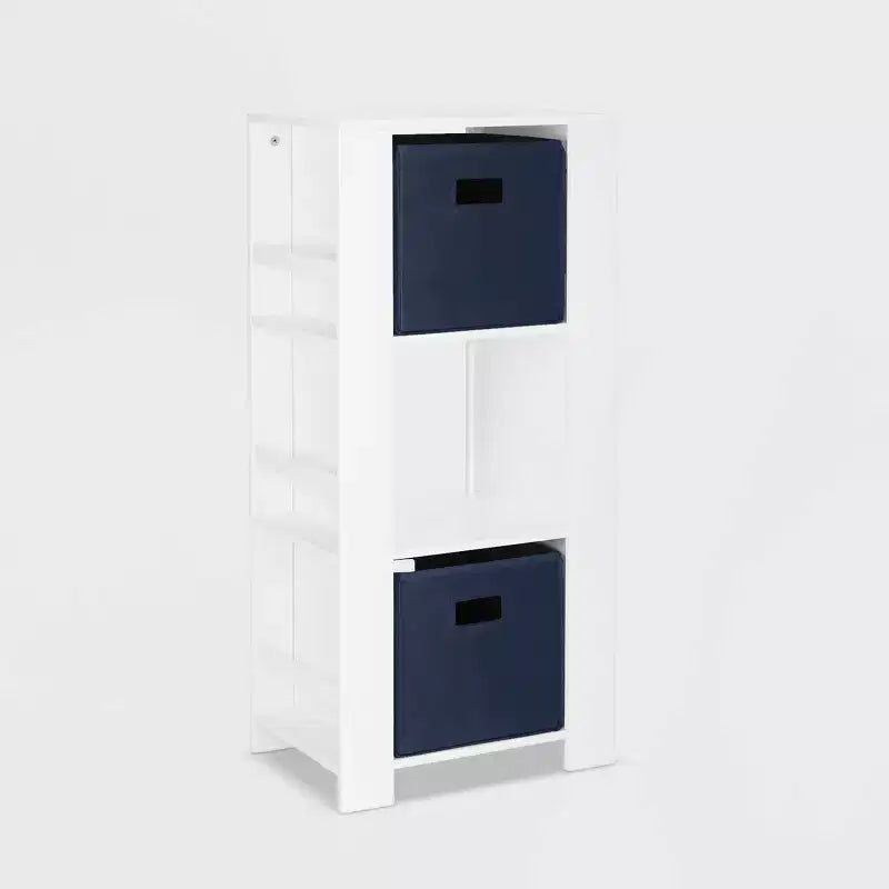 Torre Organizer per Libri e Giocattoli per Bambini – 3 Scomparti, 6 Scaffali per Libri, Bianca con 2 Contenitori in Tessuto