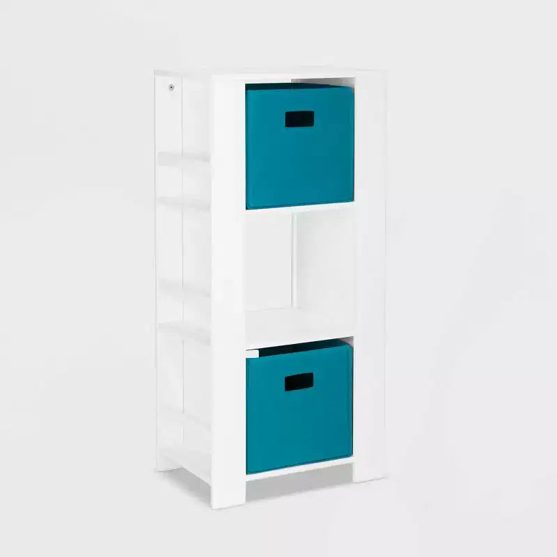 Torre Organizer per Libri e Giocattoli per Bambini – 3 Scomparti, 6 Scaffali per Libri, Bianca con 2 Contenitori in Tessuto