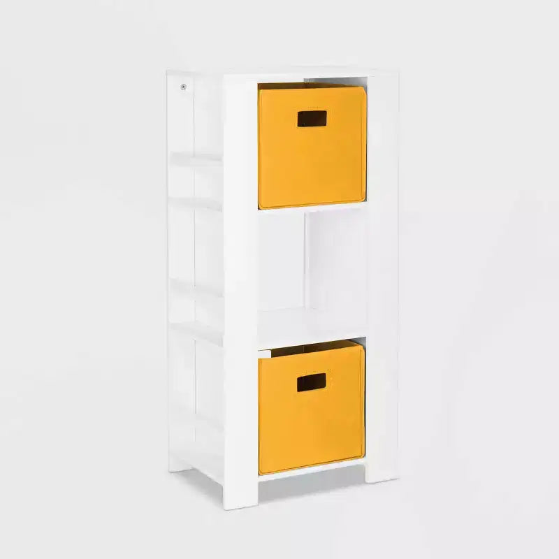 Torre Organizer per Libri e Giocattoli per Bambini – 3 Scomparti, 6 Scaffali per Libri, Bianca con 2 Contenitori in Tessuto
