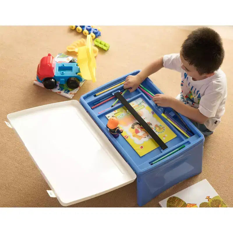 Vassoio da Grembo Pieghevole Portatile per Bambini in Plastica Blu e Bianco – Contenitore, Età 2+