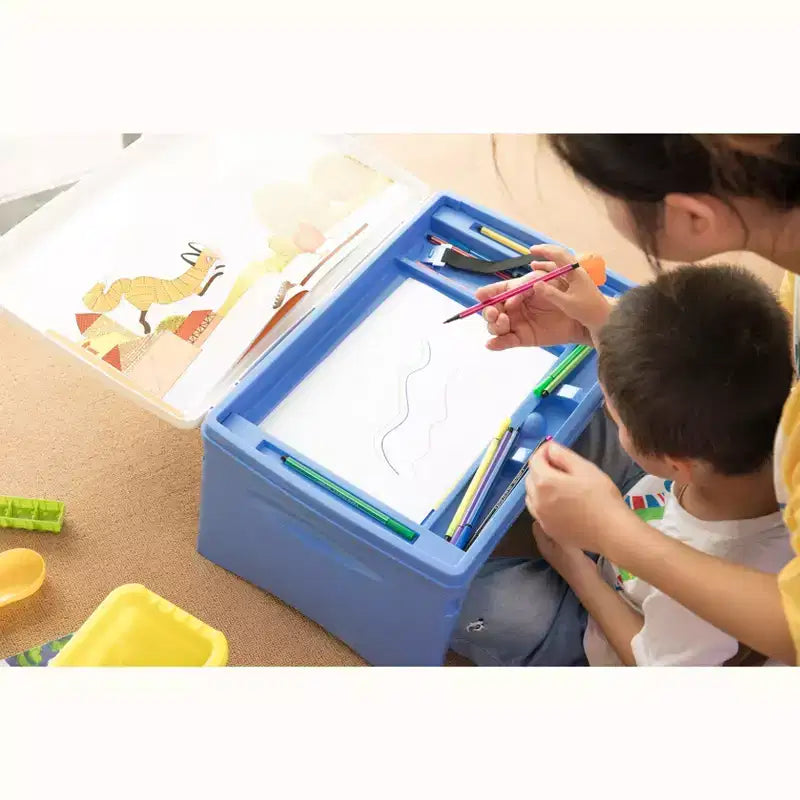 Vassoio da Grembo Pieghevole Portatile per Bambini in Plastica Blu e Bianco – Contenitore, Età 2+