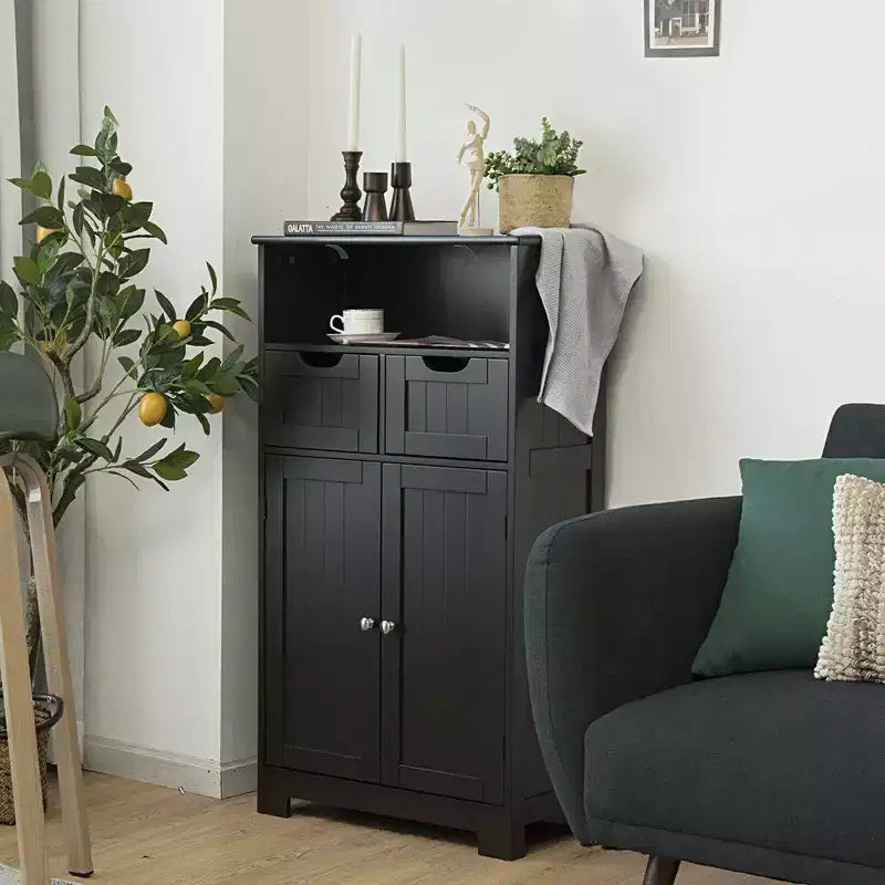 Mobiletto da bagno a terra in legno con cassetto e ante