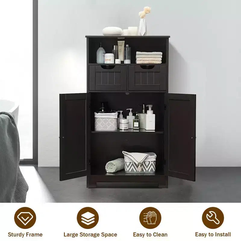 Mobiletto da bagno a terra in legno con cassetto e ante