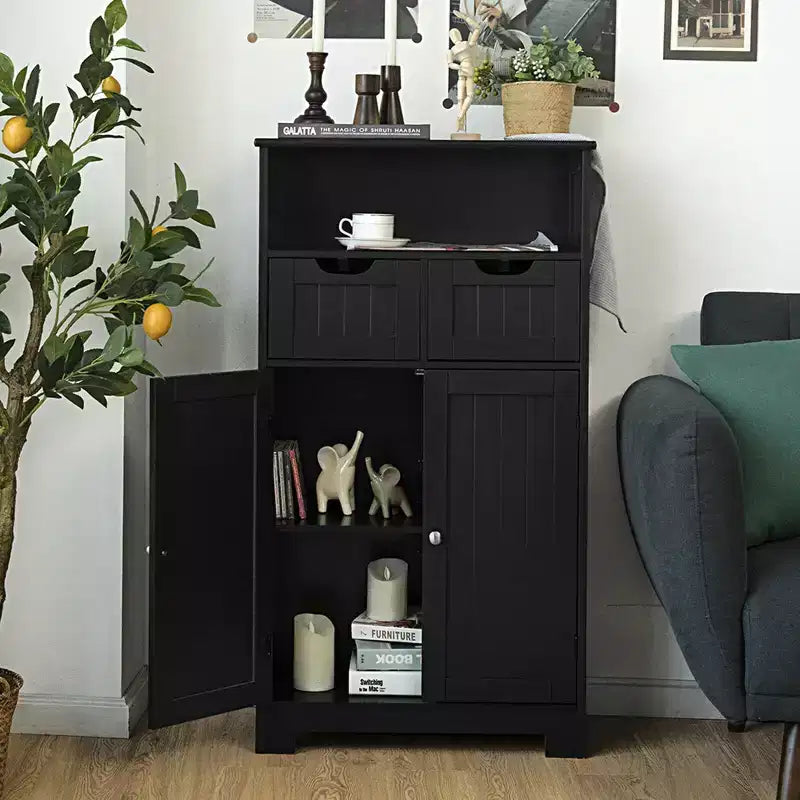 Mobiletto da bagno a terra in legno con cassetto e ante