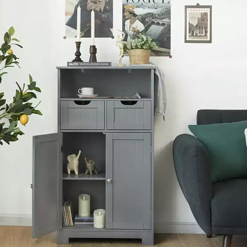 Mobiletto da bagno a terra in legno con cassetto e ante