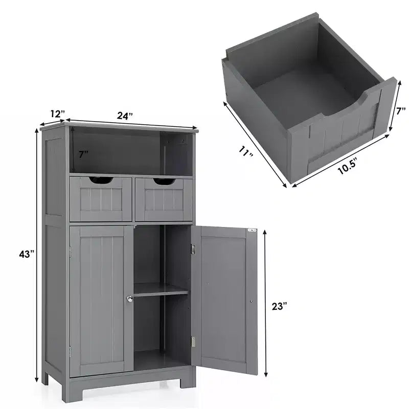 Mobiletto da bagno a terra in legno con cassetto e ante