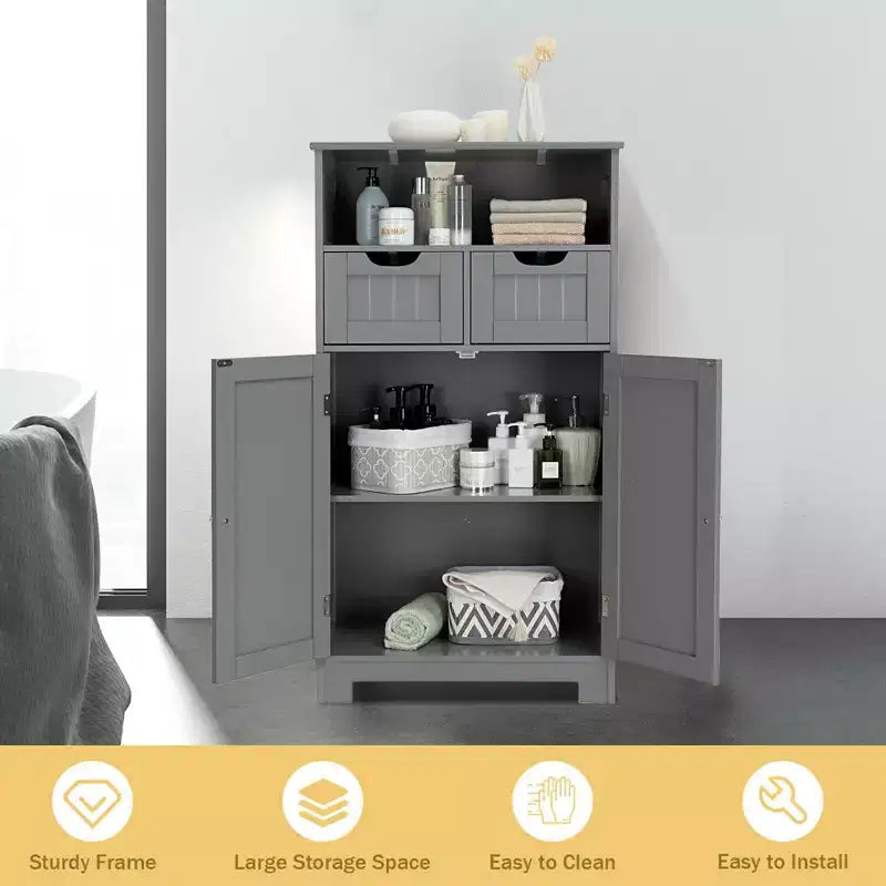 Mobiletto da bagno a terra in legno con cassetto e ante