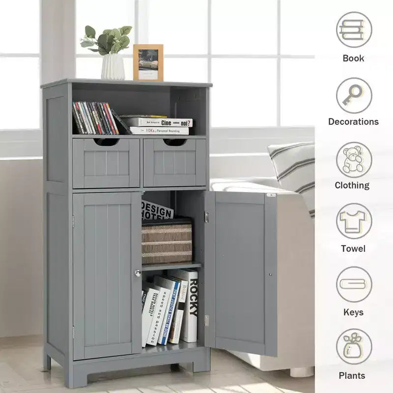 Mobiletto da bagno a terra in legno con cassetto e ante