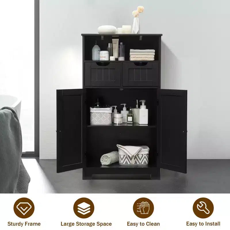 Mobiletto da bagno a terra in legno con cassetto e ante