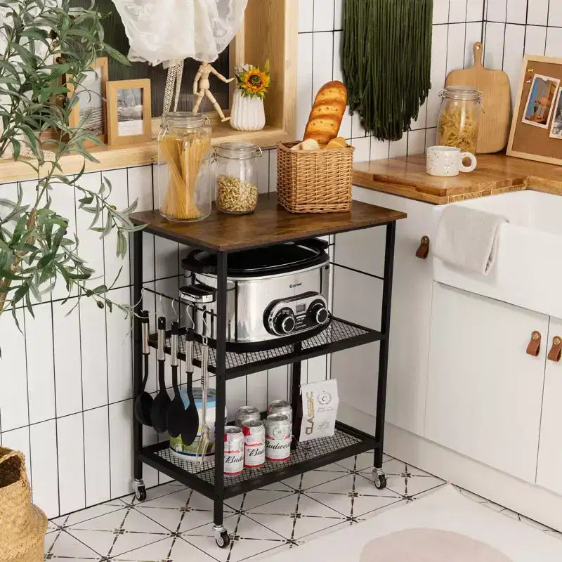 Carrello di servizio industriale da cucina a 3 livelli su ruote con contenitore – Nero